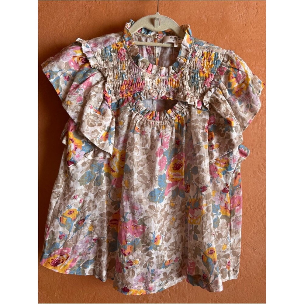 SEA New York Ines Floral Cut Out Top Cream Floral Ramie Size 2